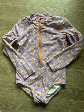 Kids Long-Sleeve Daisy Zip Front Swim Suit - Lavender/Orange - Primary.com